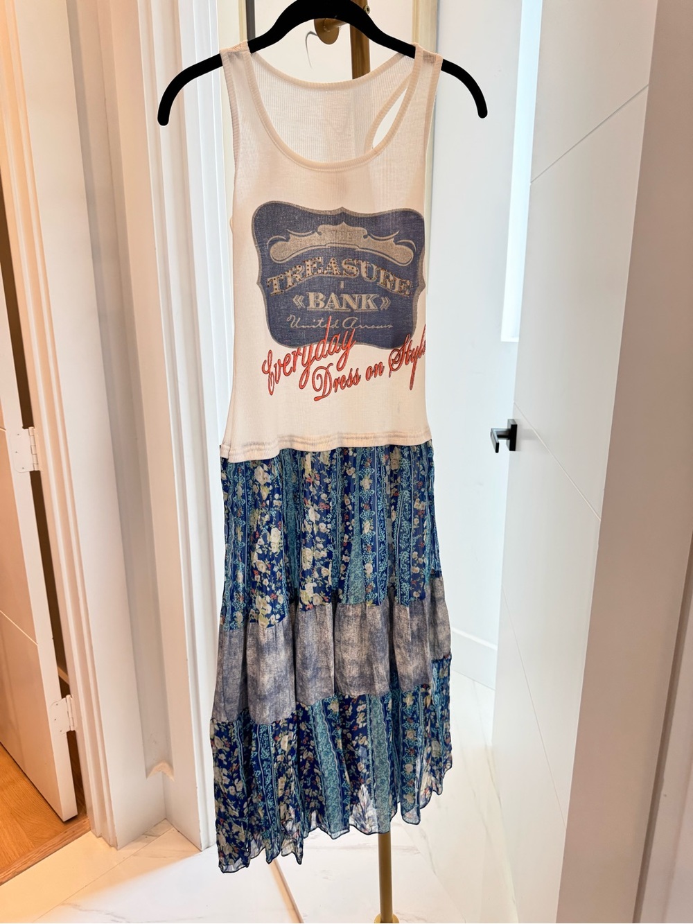 One of a kind Cowgirl Graphic Tank Dress with Blue Floral Skirt